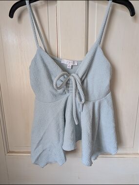 gaze Light Blue Textured Tie-Front Spaghetti Strap Tank